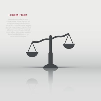 Scale balance icon in flat style. Justice vector illustration on white isolated background. Judgment business concept.