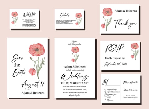 Elegant Wild Flower Red Poppies Watercolor Painted Wedding Invitation Set with Invite, Save the Date, Thank you card, Ditails and RSVP vector