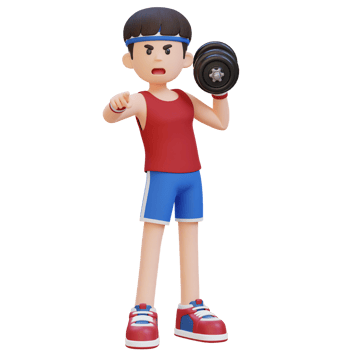3D Screaming Sportsman Character Engaging Viewers While Holding Dumbbell png