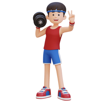 3D Sportsman Character Giving a Peace Sign While Holding Dumbbell png