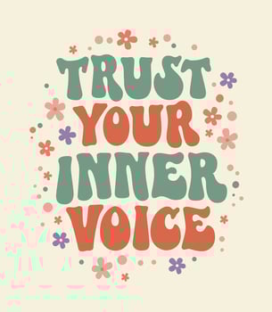 Trust your inner voice - funky 70s lettering styled typography self-care phrase design element with floral decoration. Inspirational quote in groovy style. Motivational and uplifting self-love quote vector