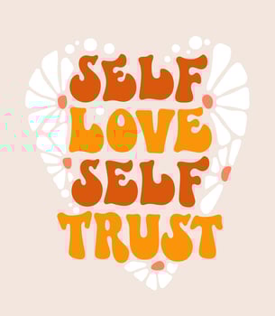 Positive quote in groovy style - Self love, self care. Motivational, uplifting self-love quote. Funky 70s lettering styled typography design. Self-love phrase design element with floral decoration vector