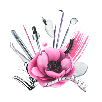Pink cosmetic bag with beauty tools for eyelash extensions, with brushes, eyelash bundles, tweezers, patches. Watercolor illustration, hand drawn. Isolated composition png