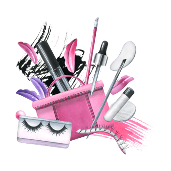Pink cosmetic bag with beauty master's tools for eyelash extension and lamination, with brushes, silicone rollers. Watercolor illustration, hand drawn. Isolated composition png