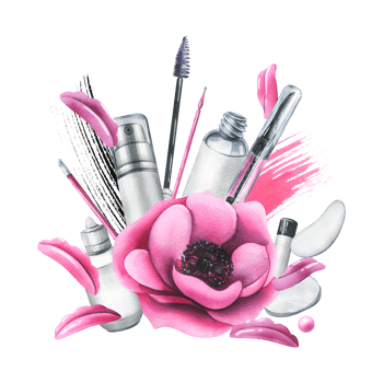 Pink cosmetic bag with beauty master's tools for laminating eyelashes, with brushes, silicone rollers, patches. Watercolor illustration, hand drawn. Isolated composition png