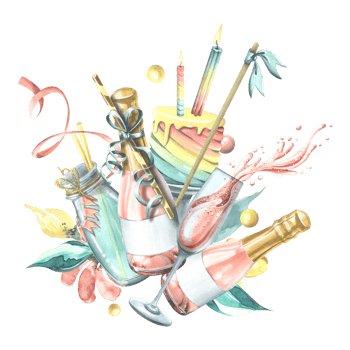 Pink champagne in bottles and glasses with birthday cake, cocktail, flags, candles and confetti. Watercolor illustration, hand drawn. Isolated composition png