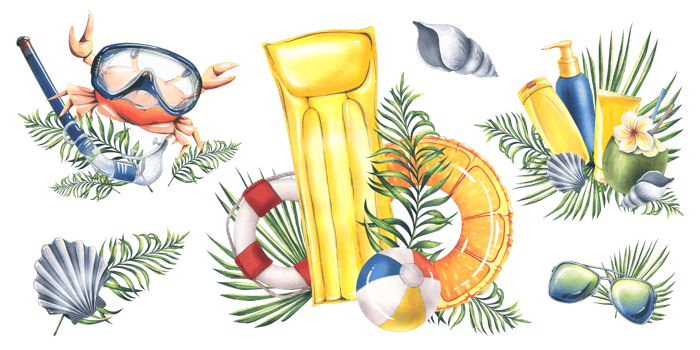Set of summer, beach compositions with inflatable toys, snorkel mask, tropical leaves, sea shells, crab and sun creams. Watercolor illustration, hand drawn png