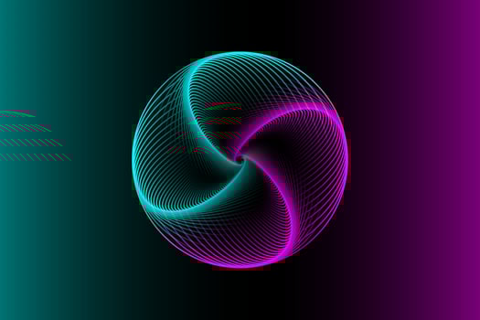 3D sphere design, elegant logo glowing circle. Abstract neon tunnel. Twisted lines. Spectrum Space tunnel in blue and pink flower vivid color. Vector illustration isolated on gradient background