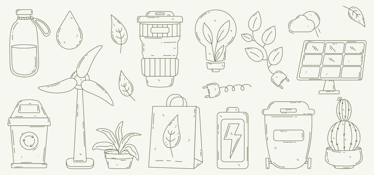 Set of objects on the topic of ecology. Eco lifestyle, zero waste, recycle, eco friendly. Reduce, reuse, refuse. Green sustainable habits concept. Cute doodle line art style. Modern hand drawn vector. vector