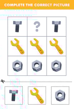 Education game for children to choose and complete the correct picture of a cute cartoon wrench nut or bolt printable tool worksheet vector