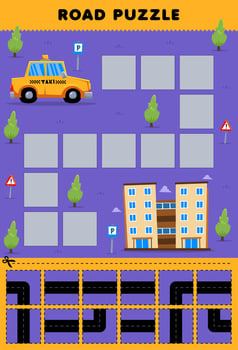 Education game for children road puzzle help taxi move to hotel building printable transportation worksheet vector