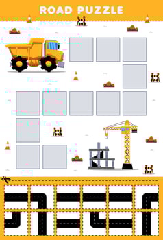 Education game for children road puzzle help dump truck move to construction site printable transportation worksheet vector