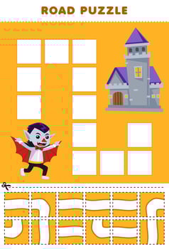 Education game for children road puzzle help dracula move to the castle printable halloween worksheet vector