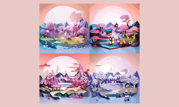 3D Paper Cut Effect Landscape Cliparts vector