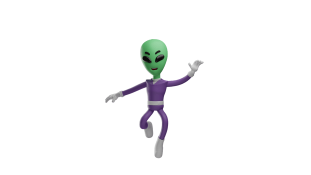 3D illustration. Attractive Alien 3D cartoon character. Alien with hopping pose wants to chase something in front of him. Alien look excited about his activities. 3D cartoon character png