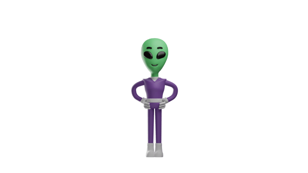 3D illustration. Charming Alien 3D cartoon character. The alien stood straight and put his hands on his waist. Alien smiled sweetly and looked happy. 3D cartoon character png