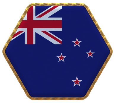 New Zealand Flag in Hexagon Shape with Gold Border, Bump Texture, 3D Rendering png