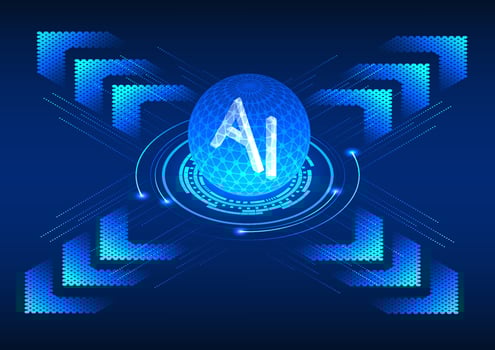 Artificial intelligence circle at the center, surrounded by a technology circle with arrows depicting data transmission. Illustrates advanced connectivity and digital innovation vector
