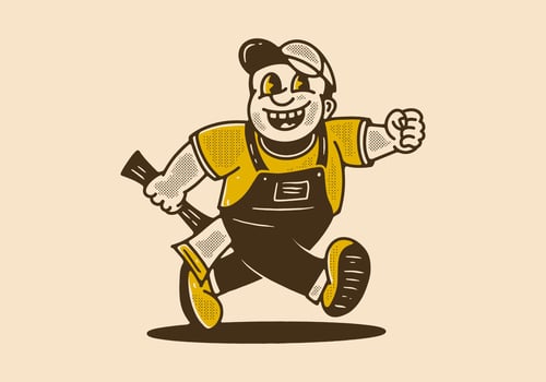 Vintage drawing of the mascot character design of running fat lumberjack holding ax vector