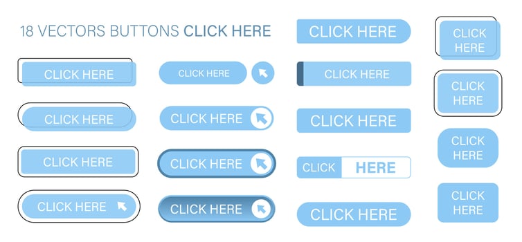 The click here is a set of simple modern buttons. Push button for an application, advertisement, store or website. Various icons for your product vector
