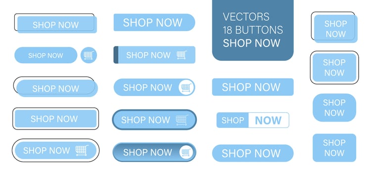 The shop now is a set of simple modern buttons. Push button for an application, advertisement, store or website. Various icons for your product vector