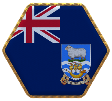 Falkland Islands Flag in Hexagon Shape with Gold Border, Bump Texture, 3D Rendering png