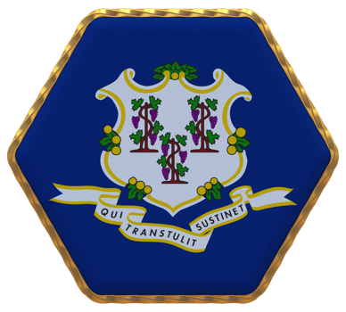 State of Connecticut Flag in Hexagon Shape with Gold Border, Bump Texture, 3D Rendering png