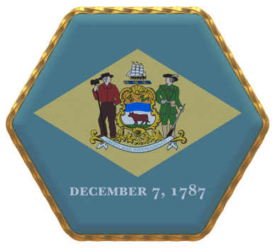 State of Delaware Flag in Hexagon Shape with Gold Border, Bump Texture, 3D Rendering png
