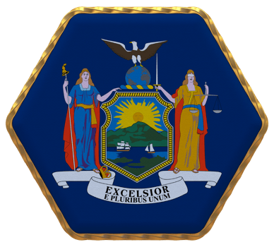 State of New York Flag in Hexagon Shape with Gold Border, Bump Texture, 3D Rendering png