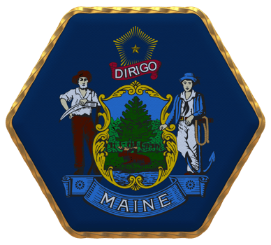 State of Maine Flag in Hexagon Shape with Gold Border, Bump Texture, 3D Rendering png