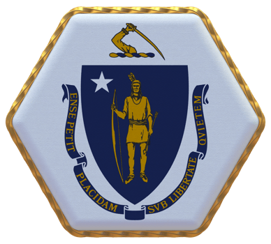 State of Massachusetts Flag in Hexagon Shape with Gold Border, Bump Texture, 3D Rendering png