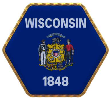 State of Wisconsin Flag in Hexagon Shape with Gold Border, Bump Texture, 3D Rendering png