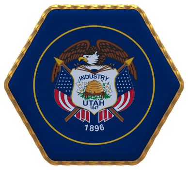 State of Utah Flag in Hexagon Shape with Gold Border, Bump Texture, 3D Rendering png
