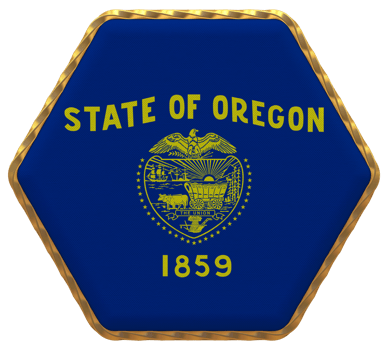State of Oregon Flag in Hexagon Shape with Gold Border, Bump Texture, 3D Rendering png