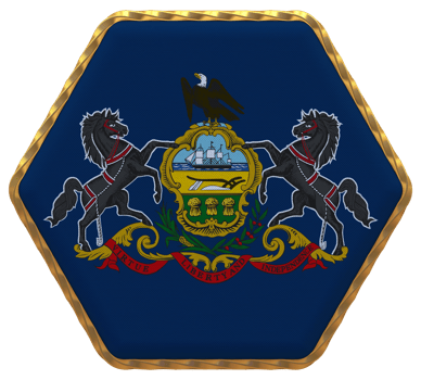 State of Pennsylvania Flag in Hexagon Shape with Gold Border, Bump Texture, 3D Rendering png