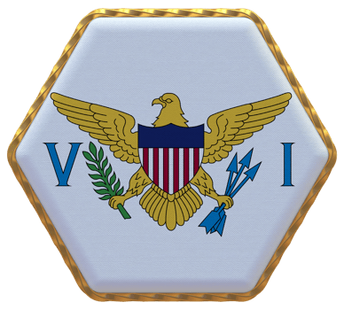 US Virgin Islands Flag in Hexagon Shape with Gold Border, Bump Texture, 3D Rendering png