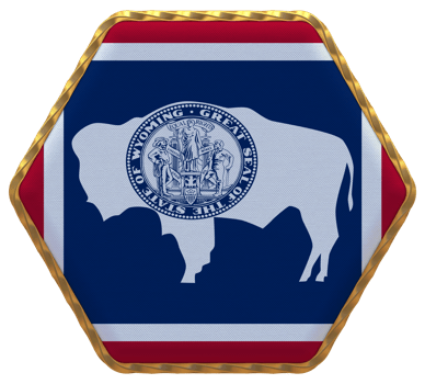 State of Wyoming Flag in Hexagon Shape with Gold Border, Bump Texture, 3D Rendering png