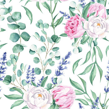 Seamless watercolor pattern with white and pink peonies, eucalyptus and lavender branches. Can be used for wedding prints, gift wrapping paper, kitchen textile and fabric prints. png