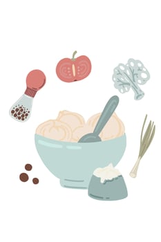 Dumplings pelmeni set in a plate with a cream and black pepper vector
