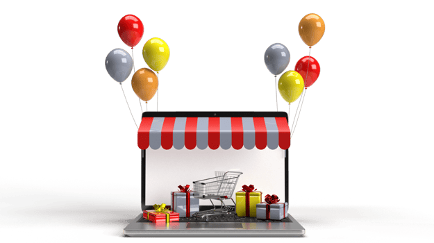 Store shopping balloon notebook computer cart gift box yellow orange red black grey color white screen symbol decoration black friday sale surprise november event retail business deal big.3d render png