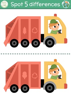 Find differences game for children. Ecological educational activity with cute rubbish truck. Earth day puzzle for kids. Eco awareness or zero waste printable worksheet with waste car vector