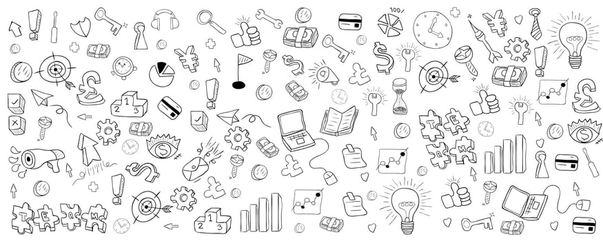 Business development doodles objects background, drawing by hand vector