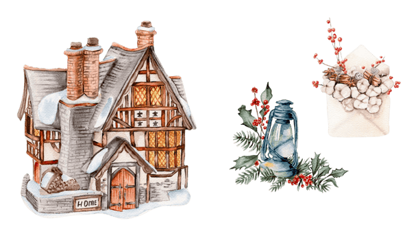 Watercolor winter house with a snow covered roof, lamp, envelop and cotton branches. png