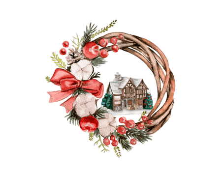 Christmas wreath with fir branches and red flowers. png