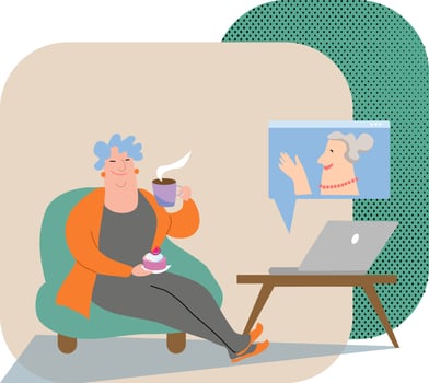 Elderly woman drinking coffee and chatting with her friend via video call vector