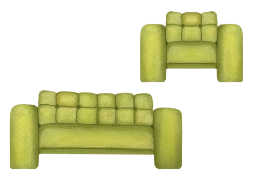 hand-drawn watercolor illustration with green upholstered armchair and sofa on transparent background. Cozy home set clipart with furniture for interior design, furniture salon, scrapbooking png