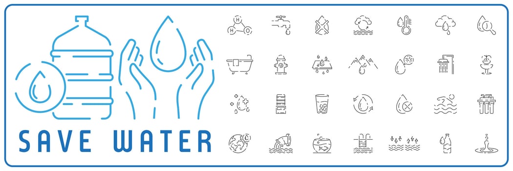 Set of water in modern thin line icon style. High quality black outline drop symbols web site design and mobile apps. Simple water pictograms on a white background. vector