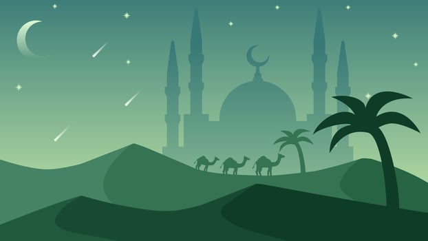 Islamic landscape vector illustration. Mosque silhouette in the desert with night sky. Background landscape for islam religion and muslim faith. Wallpaper design of desert with mosque silhouette