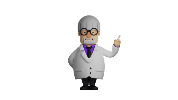 3D illustration. Senior Lecturer 3D cartoon character. Health lecture in a pose pointing up and explaining something. Smart and stunning professor. 3D cartoon character png