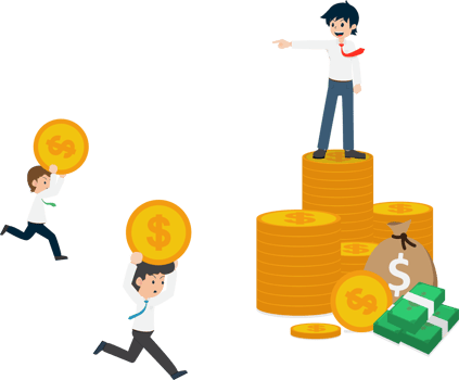 Salary Man Standing on a pile of money and someone working to make money for him png